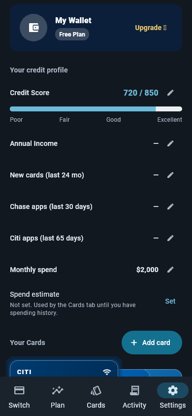 The top of the Cardflare Settings tab: the wallet header, the credit profile with credit score and income, spend estimate, and the start of the card list. Account and data options, including Delete account, are further down the same screen.