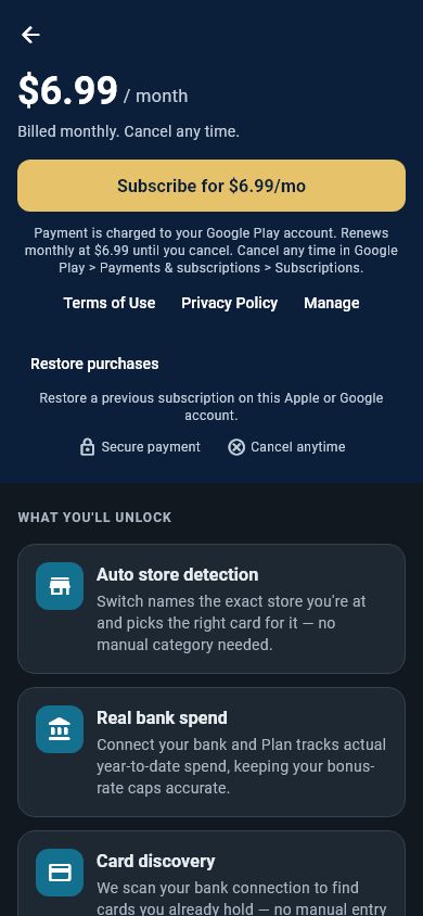 The Cardflare upgrade screen: $6.99 per month, billed monthly, cancel any time, a Subscribe button, Restore purchases, and the three unlocked features — Auto store detection, Real bank spend and Card discovery.
